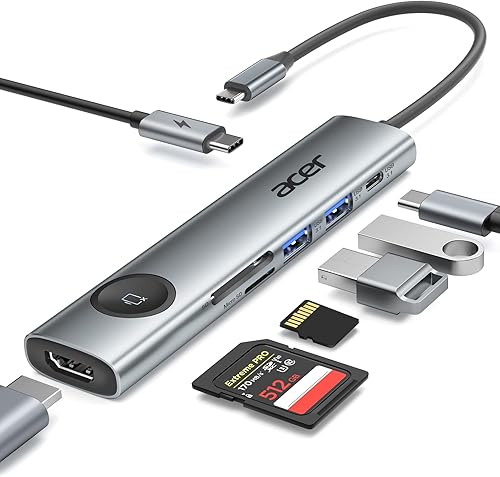Acer Adaptador multipuerto USB C 7 en 1, adaptador USB C a HDMI 4K a 60Hz, 100W PD, 2 USB A 3.1 + Tipo-C 3.1 5Gbps de datos, lector de tarjetas SD,