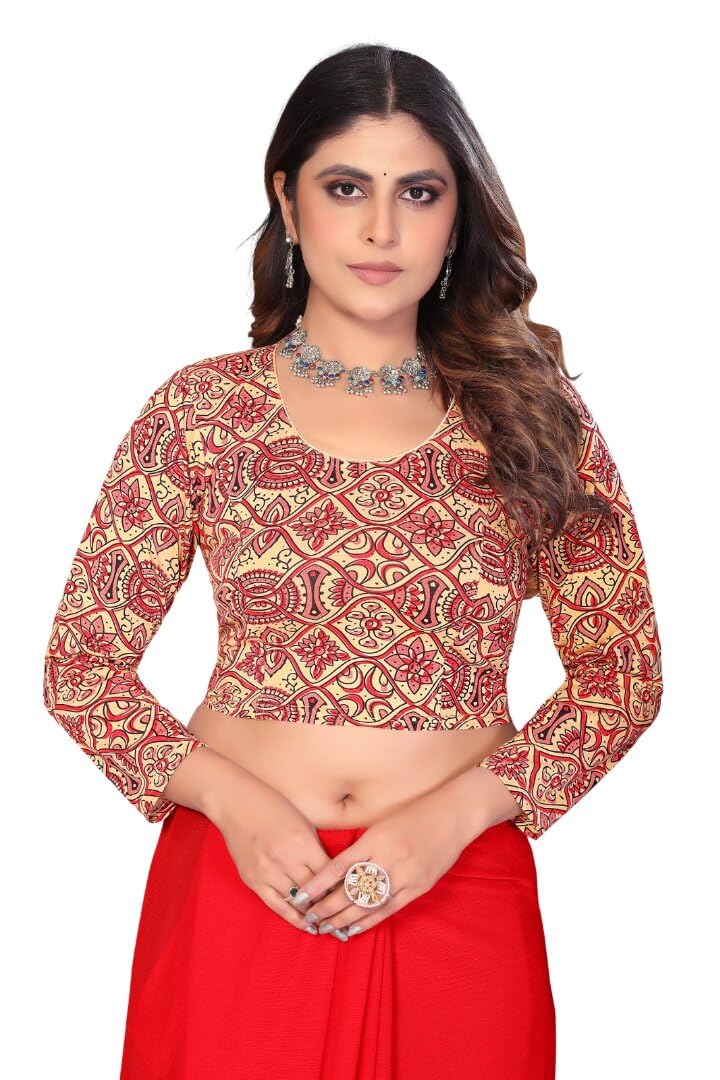 Women’s Elbow-Sleeves Kalamkari Design Readymade Saree Blouse Stretchable Cotton Blend-image-32