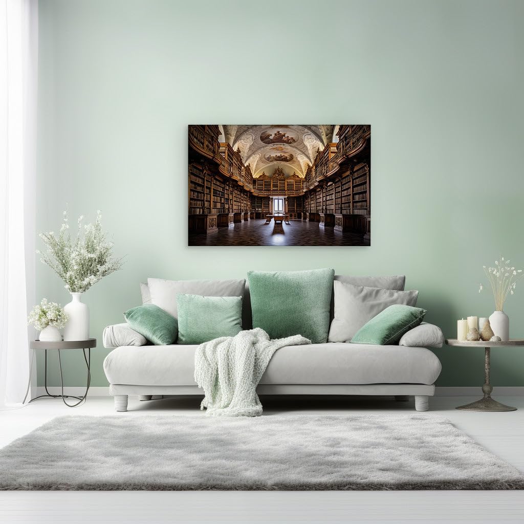 Canvas for Living room. Heavenly Murals and Knowledge Sanctuaries: Unveiling the Grandeur of a Scholarly Eden, 27 x 18 inch Canvas Wall Art - Contemporary Masterpieces - Spiritual Home Decor