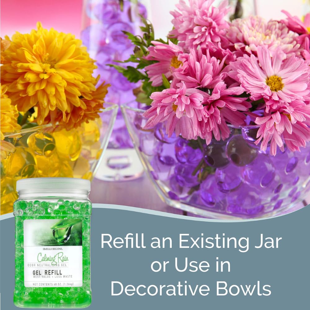 SMELLS BEGONE 48 oz Odor Eliminator Gel Refill - Odor Eliminator for Bathrooms, Cars, Boats, RVs & Pet Areas - Made with Essential Oils - Calming Rain Scent