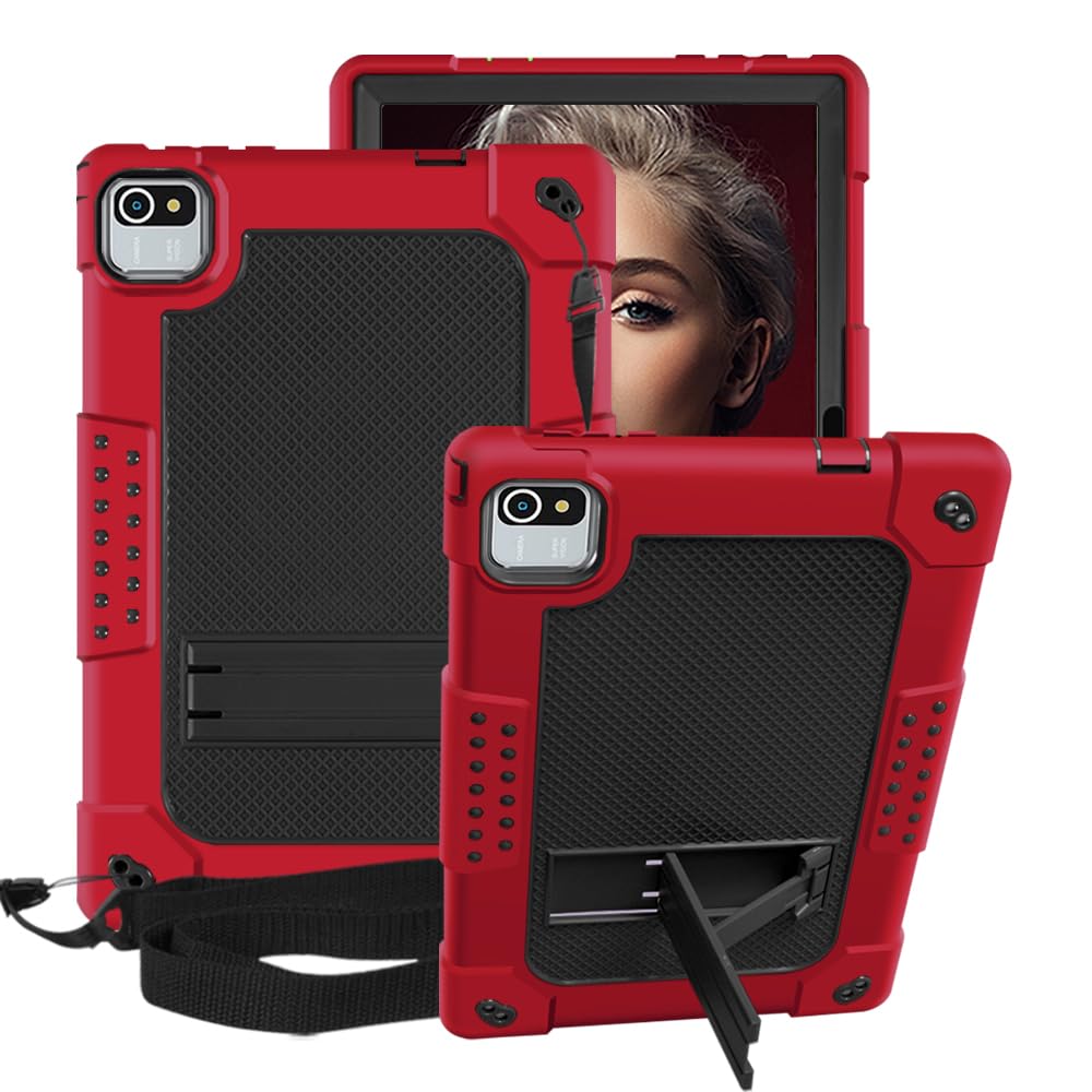 Shockproof Kids Shoulder Strap Stand Hybrid Tablet Case for Baken B10 2022/Volentex M10/Freeski Fsk10018/Higrace Kt1006/Colorroom 10.1/Cheerjoy cjy/Aiprotablet Ai-K10/Wetap Y10 (Red/Black)