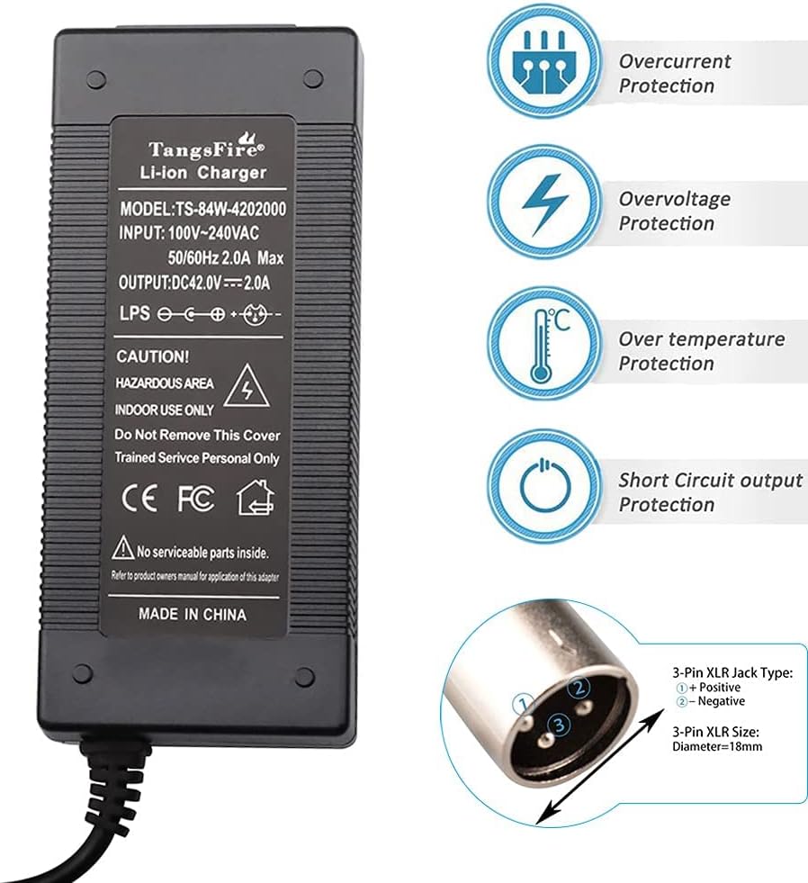36V Battery Charger 42V 2A with 3-Pin XLR for Mini Dirt 650 Battery 10s 36 Voltage Volt Lithium-ion Battery Pack