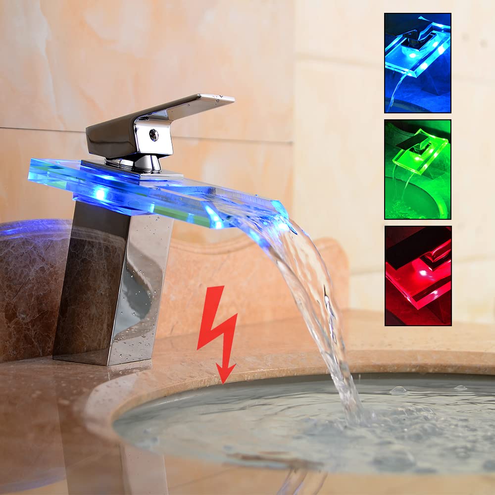 MINRS Robinet cascade LED, robinet de salle de bain, mitigeur chromé et brillant, éclairage à 3 couleurs changeantes