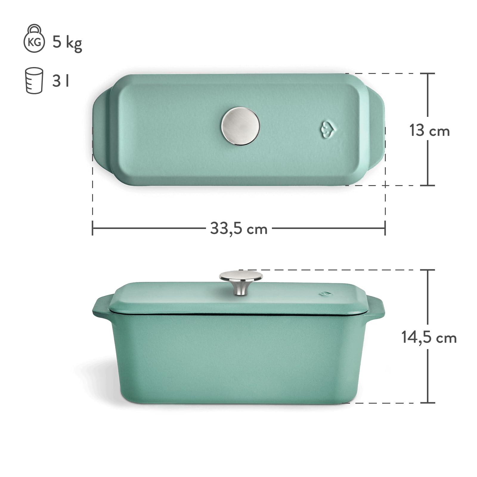 Springlane Kitchen Kastenform Gusseisen mit Deckel 3L, Emaillierte Brotbackform für saftiges Brot, Pasteten & Aufläufe, Robuster Gusseisenbräter 33,5 x 13 cm, Mint