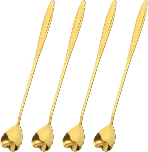 uxcell 4 cucharas de flores de acero inoxidable de 7 pulgadas de mango largo, cucharadita de corazón, cuchara de helado, cucharas de café para