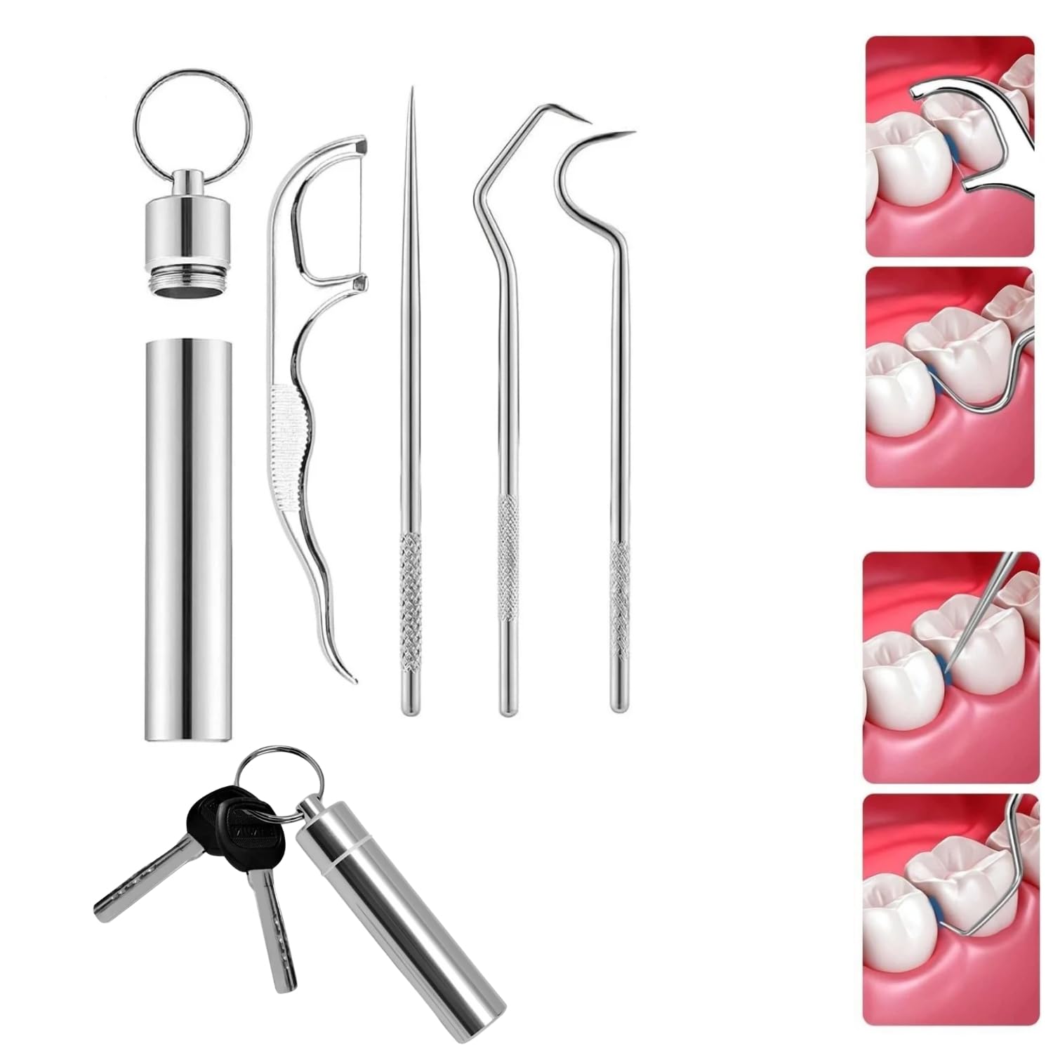 Teeth Cleaning Tool Stainless Steel Toothpicks Storage TubeTooth Pimple Cleaner Tools Kit,Dental Floss Braces Cleaning Dental Picks Professional Outdoor Traveling 5 Pcs