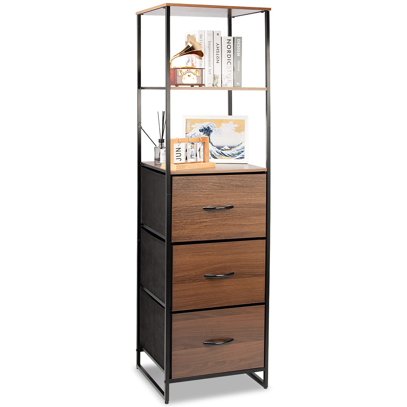 Photo 1 of CONNOO Bookcase with 3 Wooden Front Drawer, Rustic Brown 61" Tall Display Bookshelf 3-Tier Open Shelf Nightstand, Industrial Storage Cabinet Furniture for Home, Office, Living Room, Bedroom