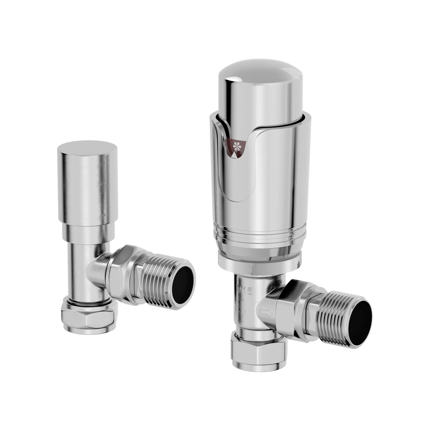 DuraTherm® Thermostatic Radiator Valve Pack Set, 15mm Lockshield TRV & Thermostat, Polished Chrome Valves for Radiators, Angled — image 1