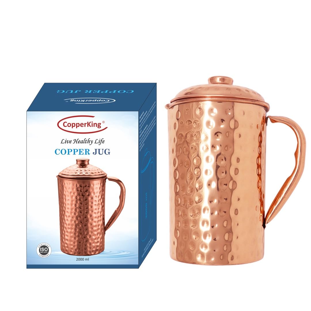 CopperKing Pure Real Copper Metal Pitcher for drinking Water handle and lid large size Jug 68oz - 2000ml Carafe, 100 Ayurvedic Benefit Vessel Jar, Best Drinkware for Tableware (Hammered)