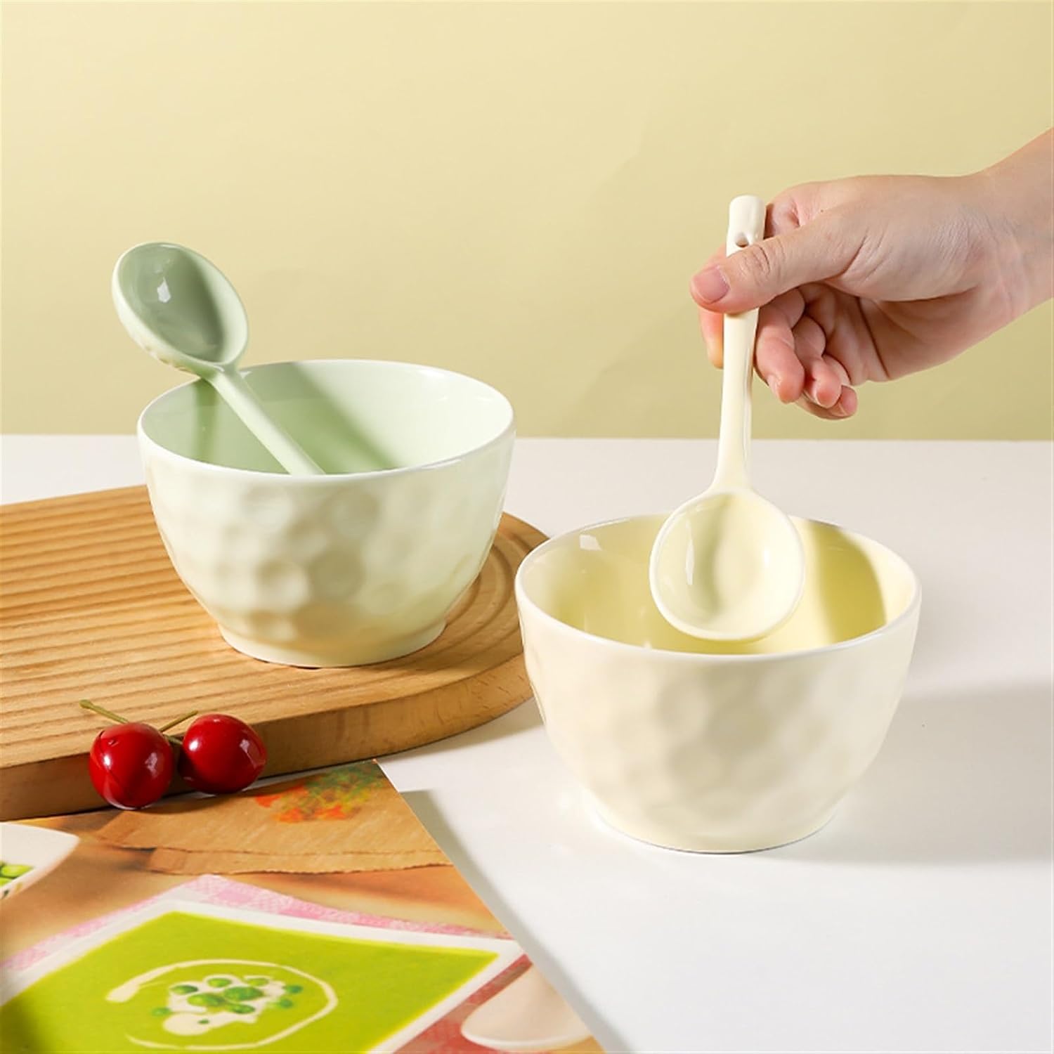 Soup Spoon 2-Piece Japanese Long Handle Ceramic Household Small Porcelain Stirring Coffee Dinner(Green)