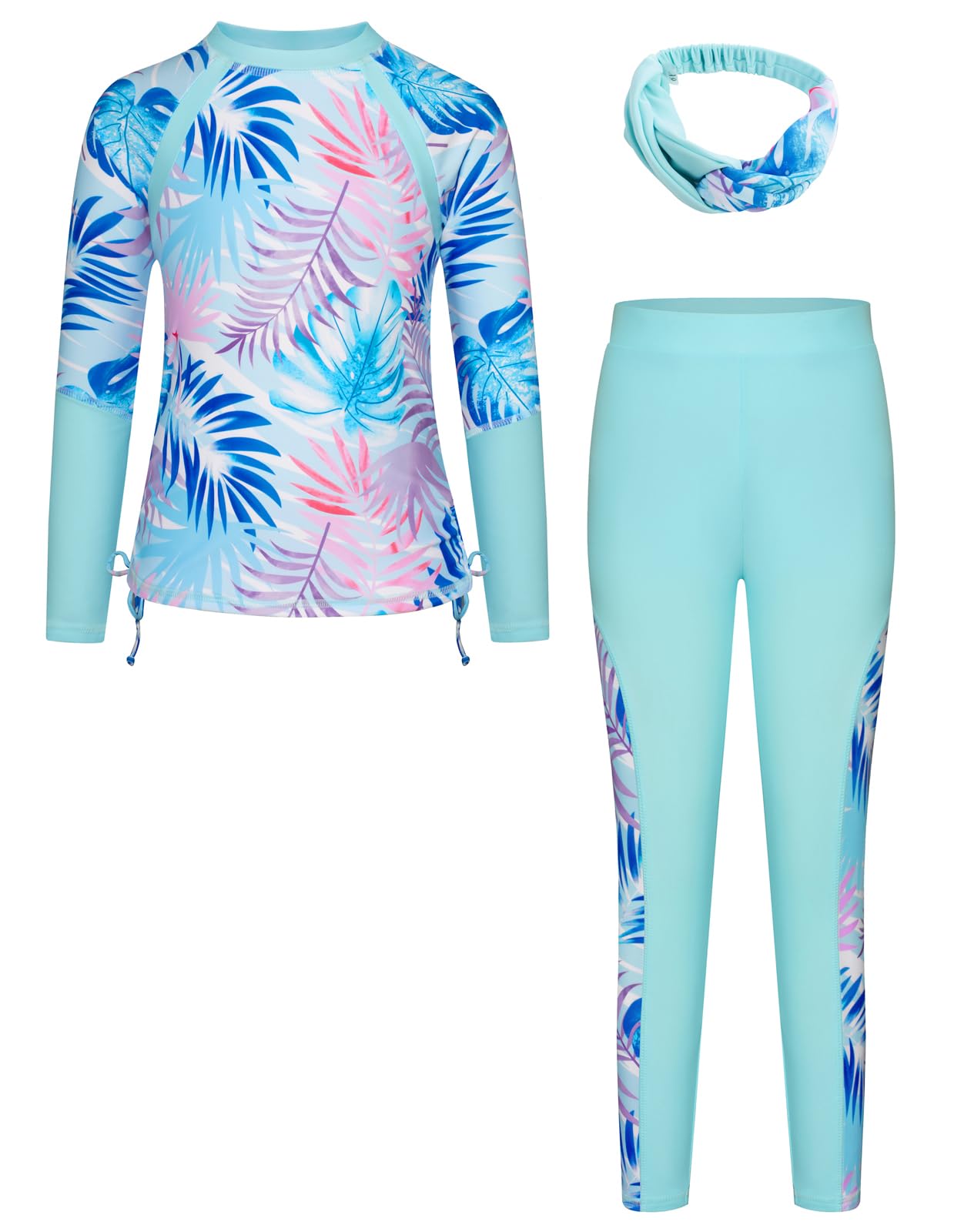 GRACE KARIN Girls Long Sleeve Swimsuit Two Piece Rashguard Floral Swimwear 6-14Y