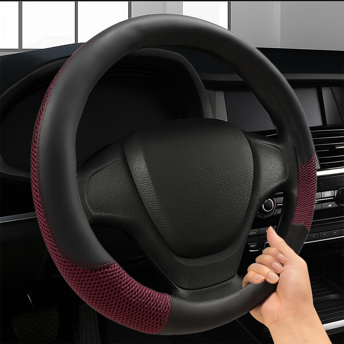 Car Steering Wheel Cover, 15" Breathable Microfiber Leather Ice Silk Mesh Wheel Wrap, Warm in Winter & Cool in Summer, Comfortable Anti-Slip Auto Interior Decorative Protector(Black)
