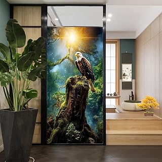 Fantasy Eagle Stained Glass Window Film Rustic Forest Natural Animal Bird Privacy Window Film Non-Adhesive Glass Film Decorative Static Cling Film for Home Office 23.6Wx35.4L