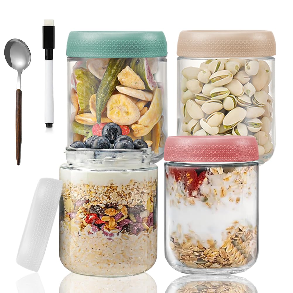Pot Overnight Lot De 4 Pots En Verre Avec Couvercle Et Cuillère – Parfaits Pour Overnight Oats, Salades, Yaourts Bocaux Verre 360ml Avec Couvercles