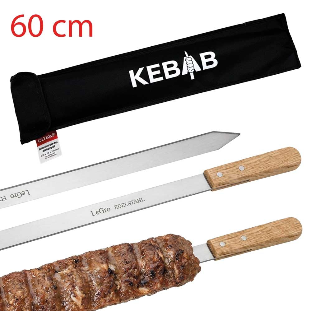 ADANA Spiedini per kebab, lunghezza 60 cm x larghezza 2,5 cm (25 mm), extra forti 2 mm, 6 pezzi, in acciaio inox, con manico in legno