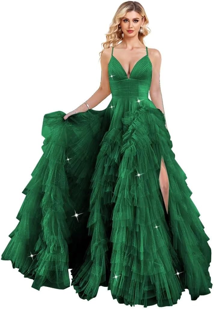 slim fit dress slacks Emerald Green Strapless Tiered Ruffle Chiffon Slit Prom Dress – FancyVestido
