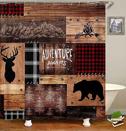CamilleAndrew-4PCS-Cabin-Shower-Curtain-Set-Bear-Deer-Elk-Moose-Woodland-Animal-Hunting-Lodge-Patchwork-Red-Black-Buffalo-Plaid-Christmas-Country-Rustic-Farmhouse-Bathroom-Decor-Non-Slip-Bath-Mat CamilleAndrew 4PCS Cabin Shower Curtain Set Bear Deer Elk Moose Woodland Animal Hunting Lodge Patchwork Red Black Buffalo Plaid Christmas Country Rustic Farmhouse Bathroom Decor Non Slip Bath Mat