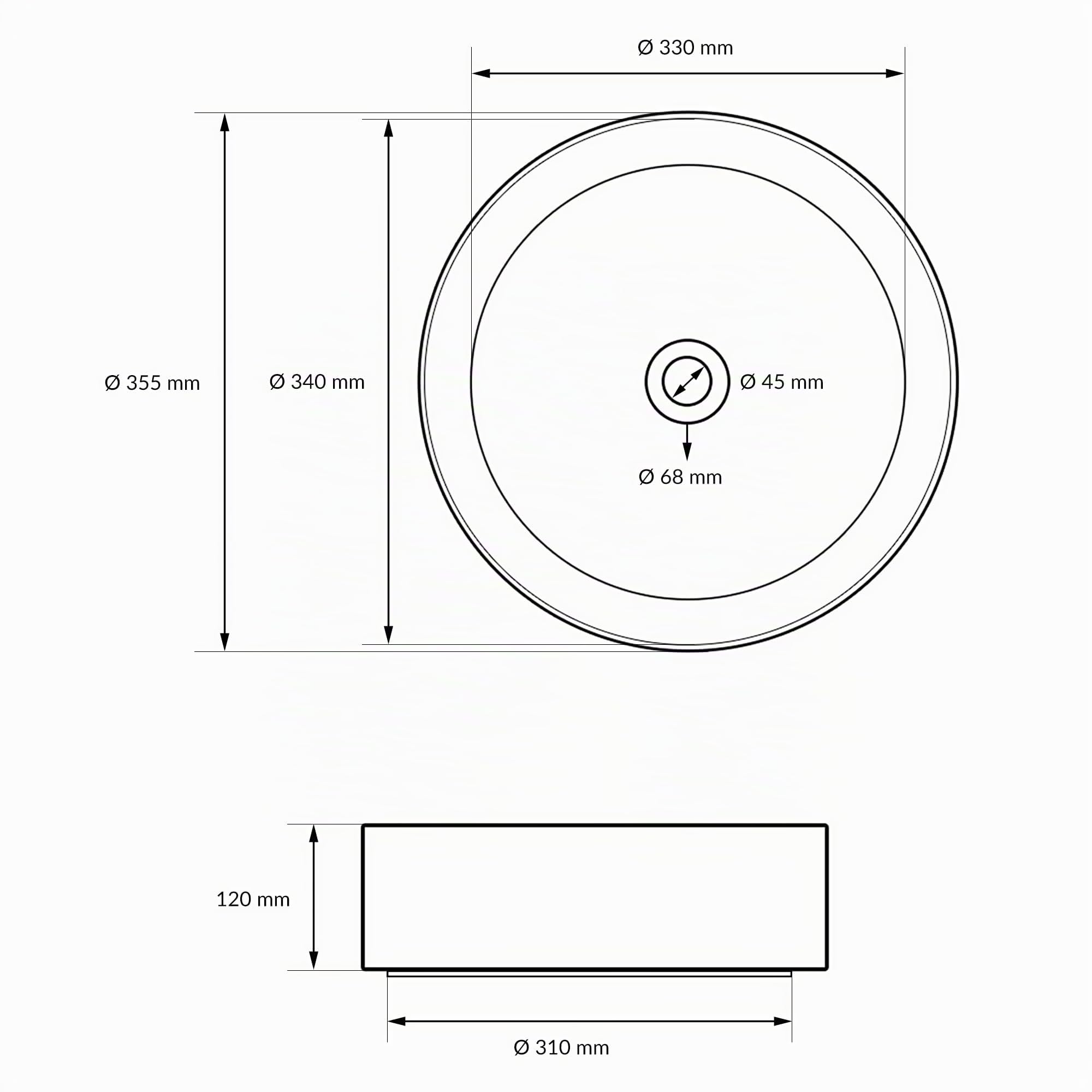 LuxeBath Lavabo per Bagno d' Appoggio Ø 355 x 120 mm in Ceramica Bianca incl. Piletta Set di Scarico 1 1/4'' per Lavandini senza Troppopieno Lavello Rotondo Lavamani Sanitari per Bagno