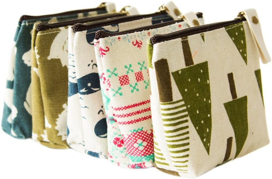 Qinlee 5 Pcs Women's Lady Mini Coin Purse Zipper Wallet Key Holder Wallet Small Printed Bear Whale Hedgehog Tree Canvas Floral Wallet Pouches Makeup Comestic Bag