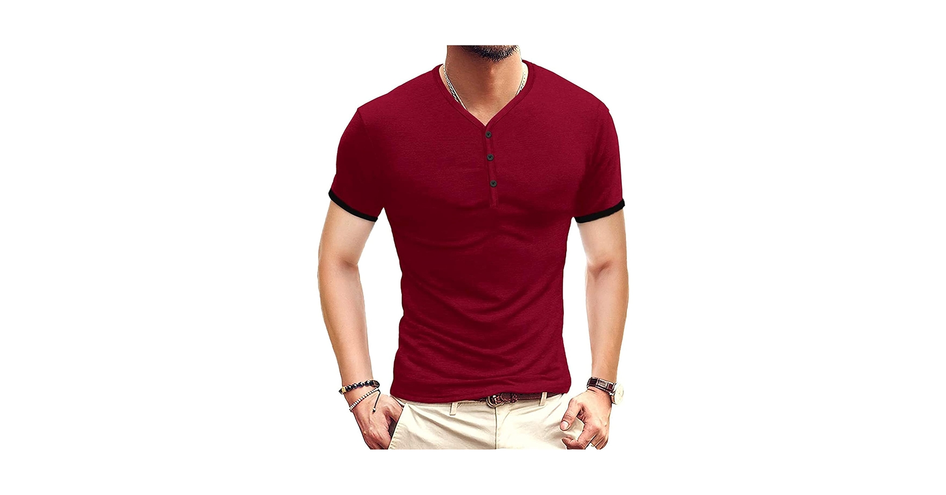 Men's V-neck Henry Short Sleeve Buttons Placket Plain T