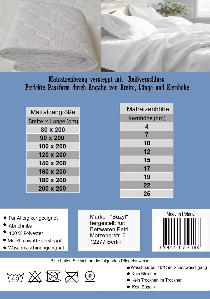 Housse de Matelas 90 x 200 cm, protège-Matelas matelassé avec Fermeture éclair (90 x 200 x 4 cm)
