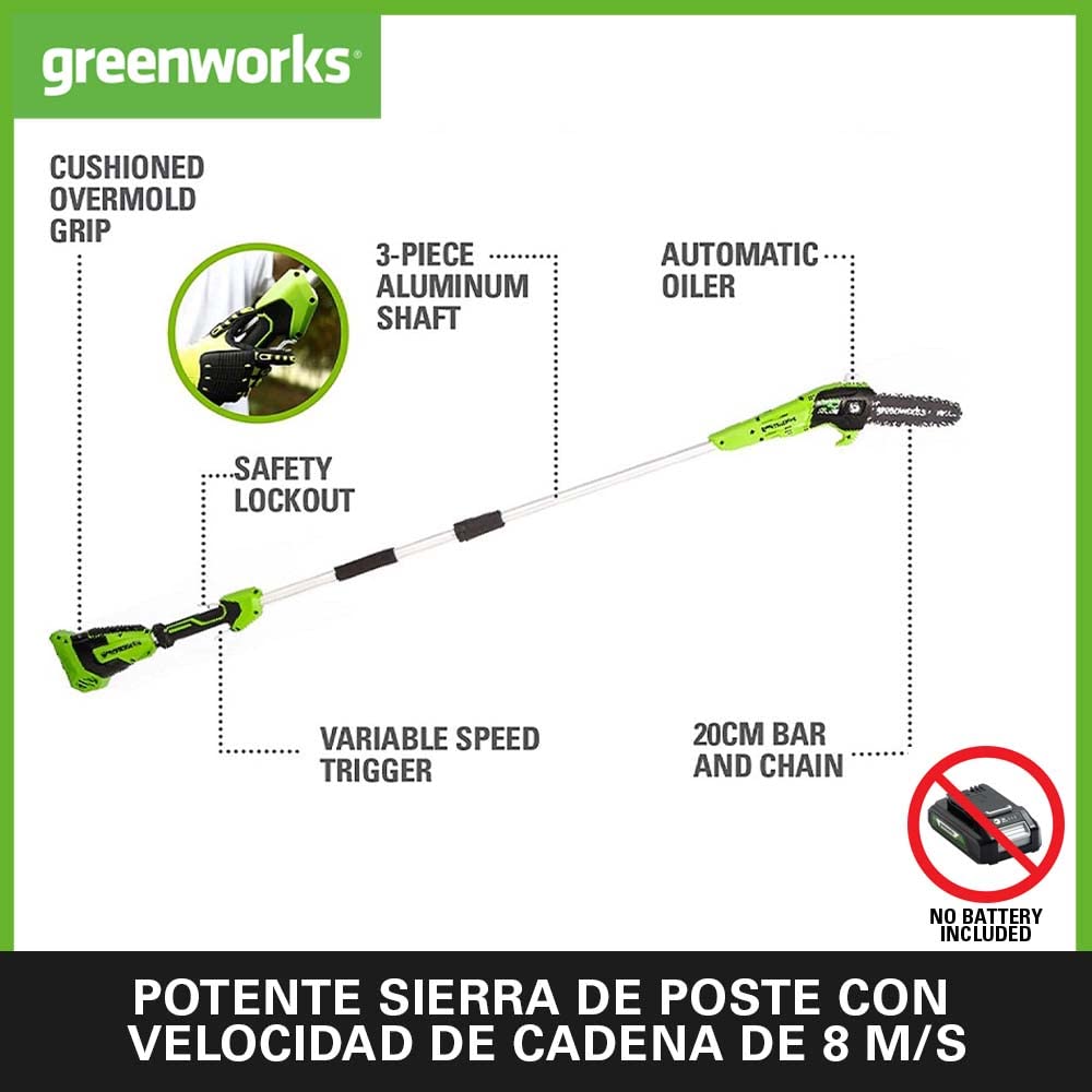 Greenworks 40V 2.6m Podadora de Pértiga, Sierras Telescópicas Eléctrica, Barra de 8 Pulgada (20 cm), Velocidad de Cadena 8 m/s, Autoengrasado, Batería 40V 2Ah y Cargador, Garantía de 3 Años,G40PSFK2 - 2