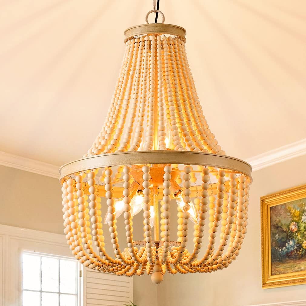 SUNOVO Beaded Chandelier Light Fixture, 8-Lights Wood Bead Boho Ceiling ...