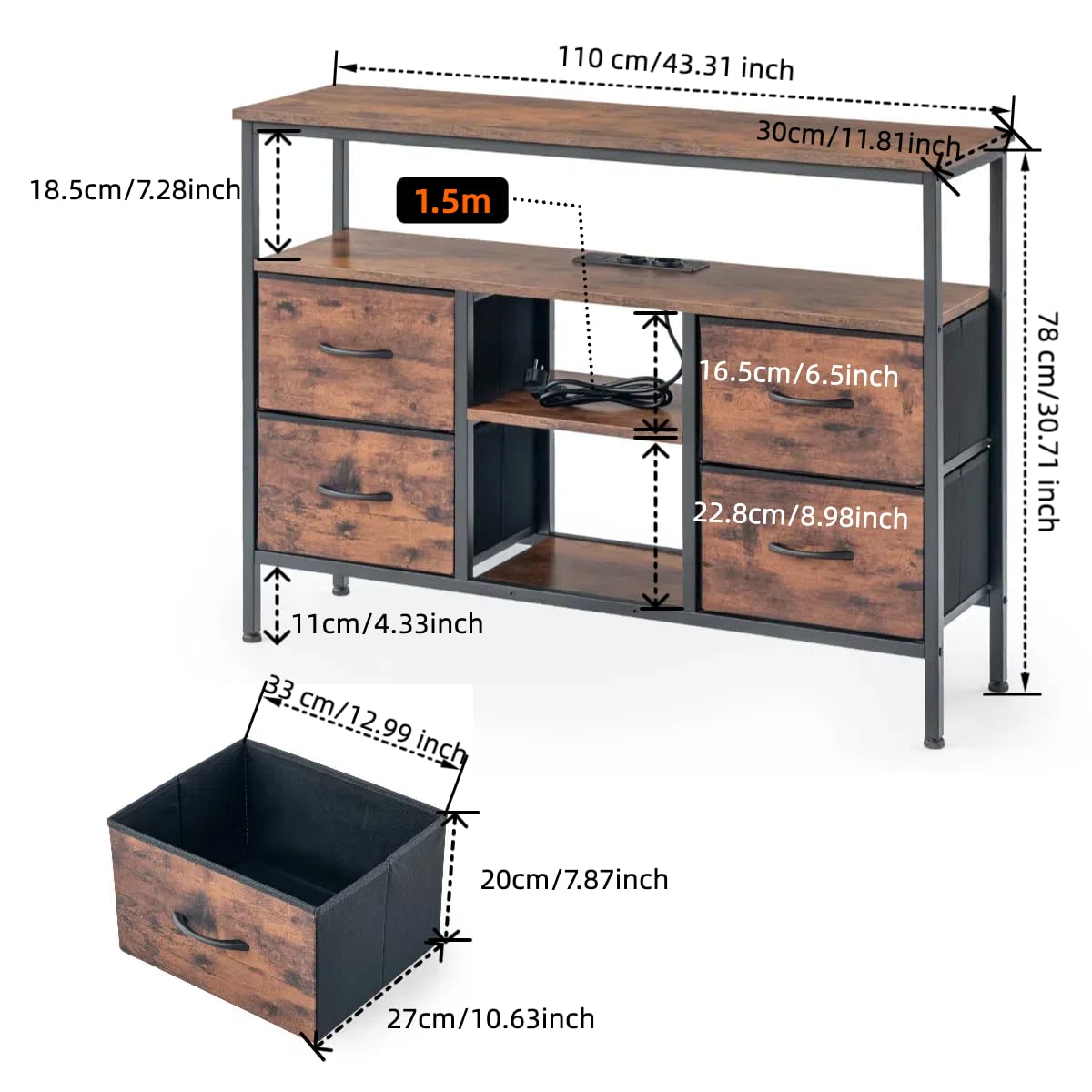 Cassettiera retrò con quattro cassetti e presa integrata, cassettiera in tessuto non tessuto con maniglie, cassettiere e credenze nere