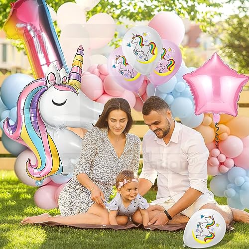 Image of Rozi Decoration Unicorn 1st Birthday Balloon Kit - 7 Pcs Set with Large Unicorn Foil Balloon, Number 1 Foil Balloon & Latex Balloons for Baby Girl & Boy First Birthday Party Decoration