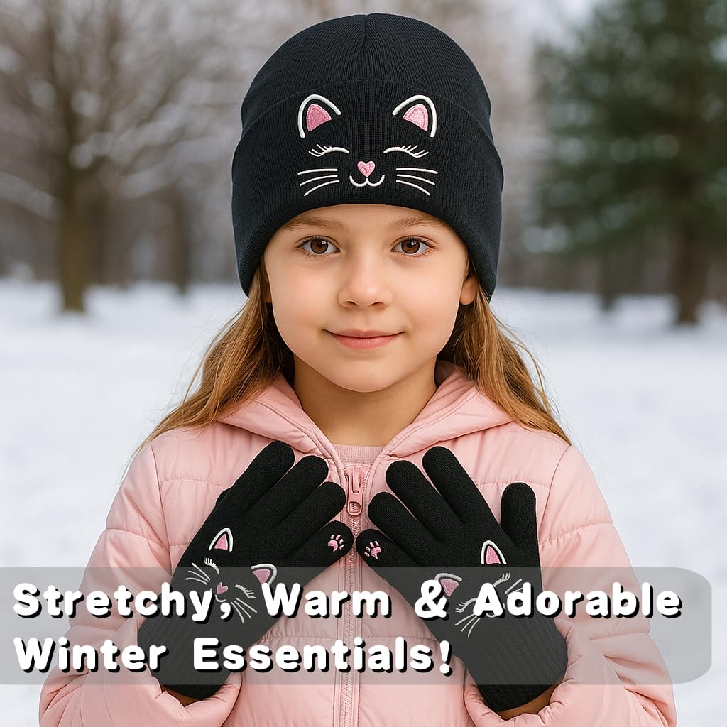 BEARAE Girls Hat and Gloves Set, Cute Cat Kids Winter Beanie Hat Gloves, Knitted Skiing Beanies Hats for Girls Kids 3-12T - Image 2