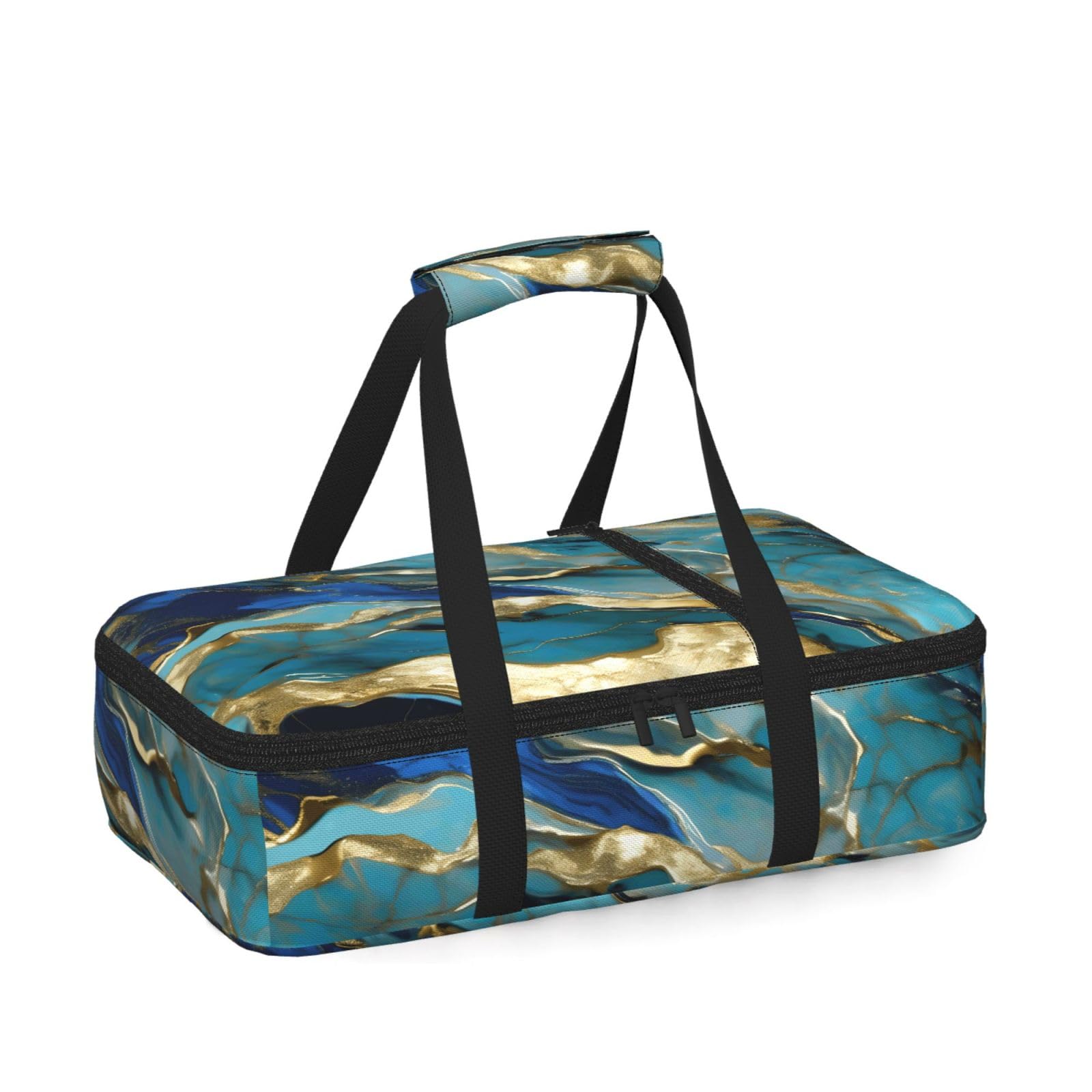 Azurite Teal And Foil Gold Oil Marble Pattern Print Insulated Thermal Food Storage Bag Daily Reusable Picnic Tote Lunch Box Home