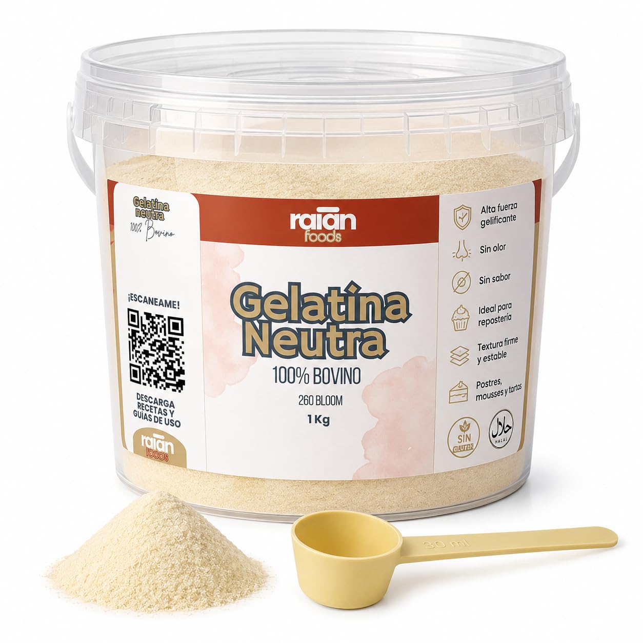 RAIAN FOODS® Gelatina Neutra en Polvo 100% Bovino 1kg 260 BLOOM Halal + Dosificador 30 ml + QR con Recetario y Contenido Exclusivo | Sin Sabor para Repostería y Cocina, Sin Azúcar, Sin Lactosa