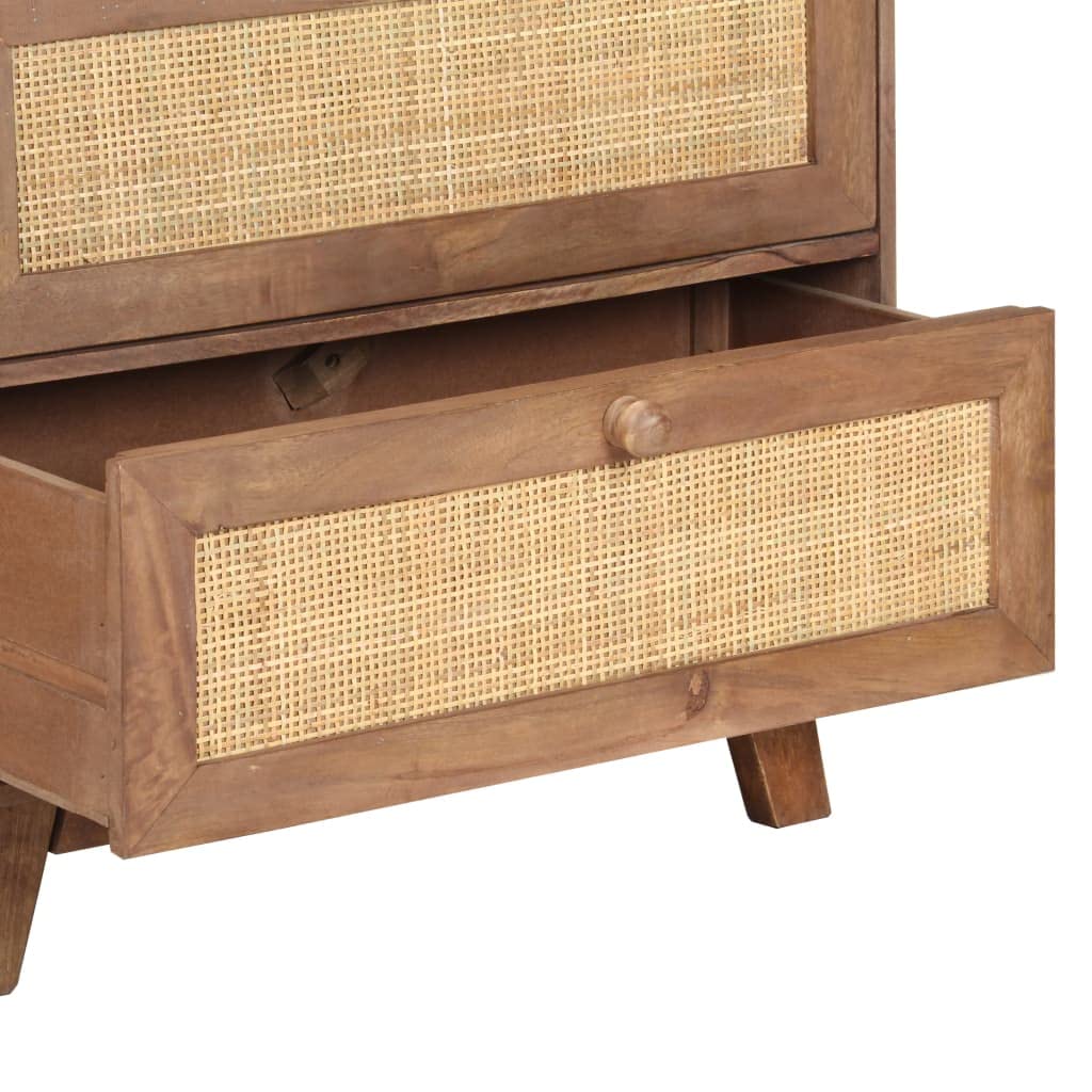 Aparador 61 x 35 x 76 cm, madera maciza de mango, armario rústico de madera con 3 cajones, mimbre natural, muebles de almacenamiento robustos para salón y cocina