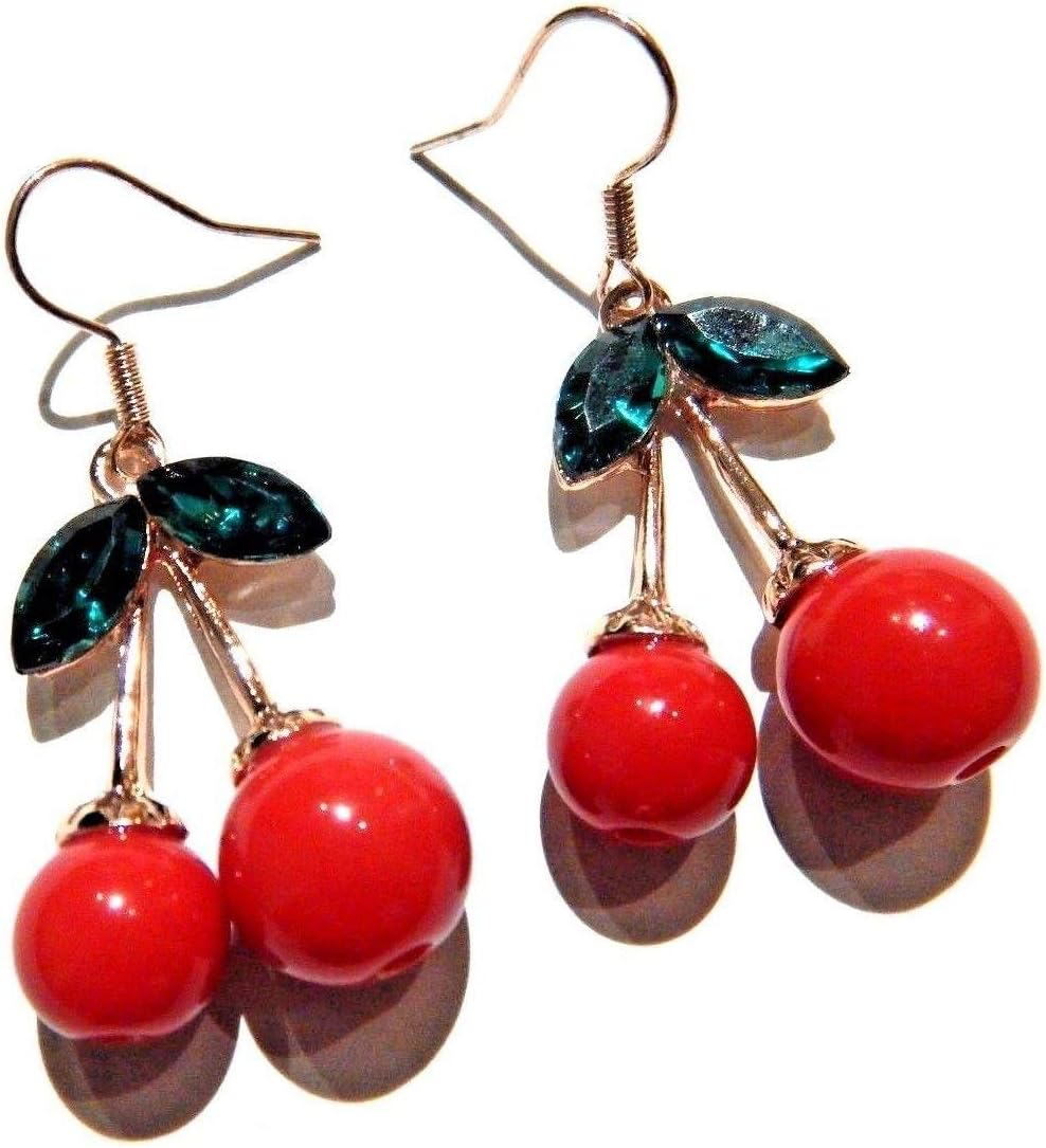 Cherry Earrings red fruit and green leaves pendants on goldtone ear wire