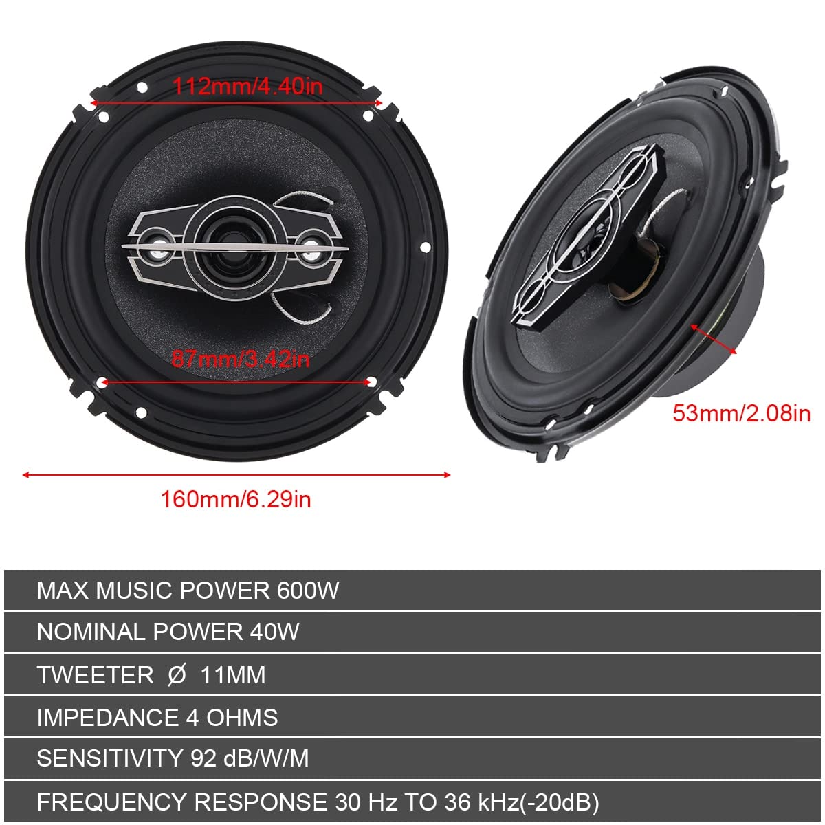 Altoparlanti Auto Coassiali Da 6 Pollici YH 600 - 2 Pezzi, 600W Massimo, Sensibilità 93dB, Perfetti Per Upgrade Audio