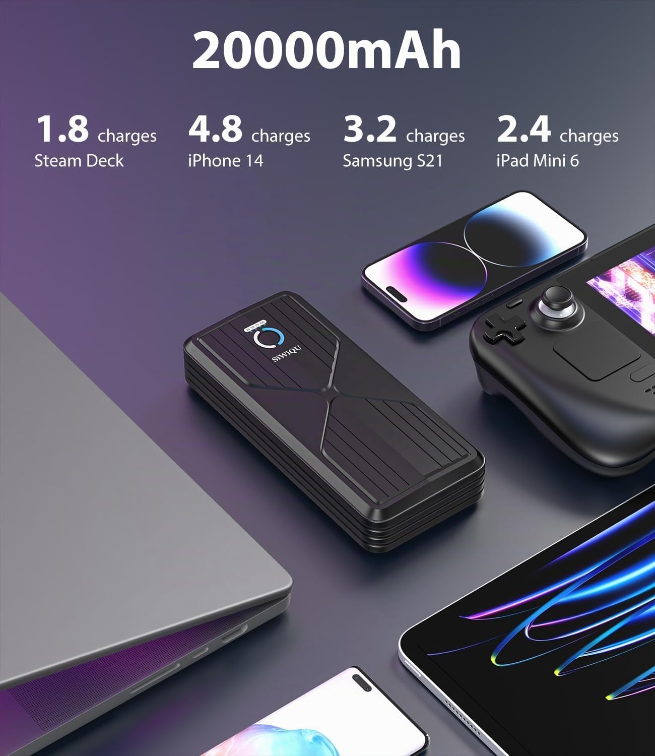 SIWIQU 20000mAh Power Bank pour Steam Deck, 45W PD 3.0 Banque d'alimentation, Batteries Externes Compatible avec Switch/Samsung/iPad/Laptop avec Support Arrière Amovible et Double Câble USB-C