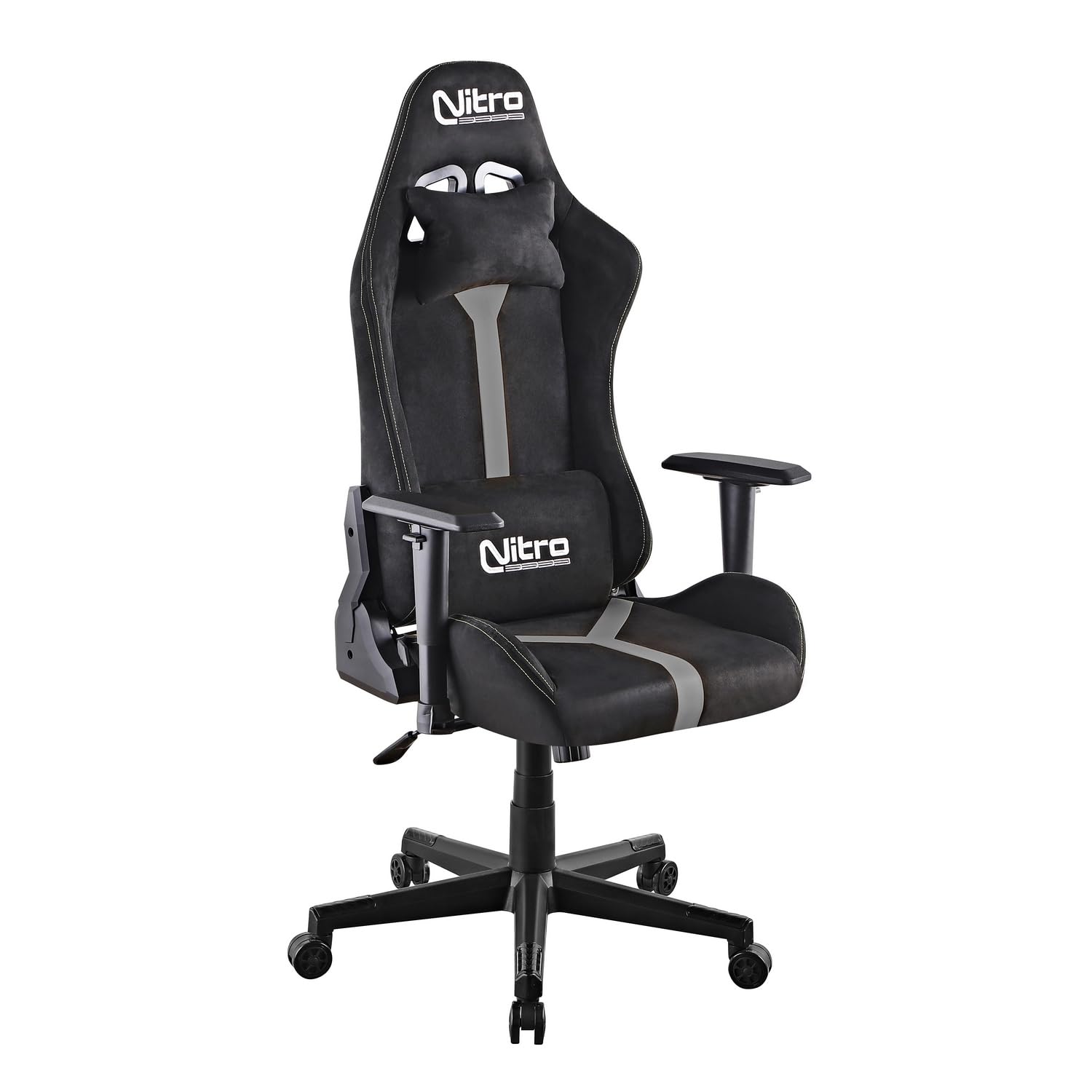 Nitro - Silla de gaming ergonómica, silla de oficina de tela de ante, silla de gaming giratoria con cojín lumbar, reposacabezas, reposabrazos, silla de escritorio reclinable Nathan (Gris/Negro)