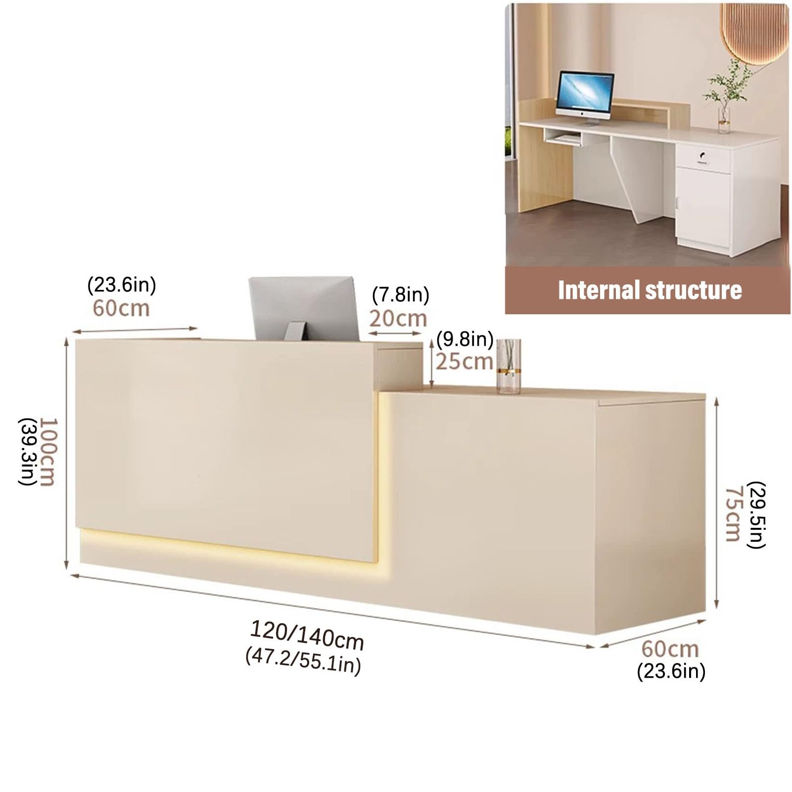 Scrivania per reception, con luce LED, con cassetto, con serratura, design moderno, per reception, postazioni di lavoro e postazioni di servizio clienti.