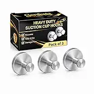Suction Cup Hooks, Shower Hooks No Drill, Heavy Duty Wall Hooks for Hanging 15lbs, Reusable Waterproof Towel Hooks for Bathrooms Kitchen Glass Door Tile, Stainless Steel Hook Holder 3 Pack