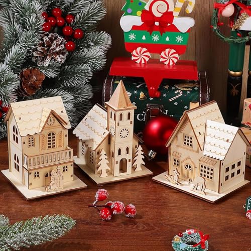 Maison Village De Noel en Bois，NoëL Pendentifs Arbre DéCorations，Decoration Table Noel，Maison Miniature Noel (3PCS)