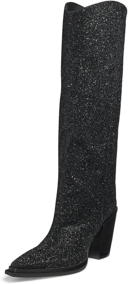 miss left Women Chic Pointed Toe Sparkly Cowgirl Knee High Boots Chunky High Heel Pull on Fashion Glitter Western Boots Size 4-16 US