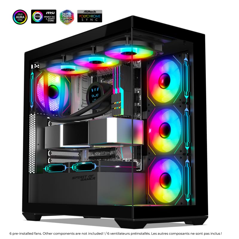 Spirit Of Gamer - Spark Dark, Case PC Gaming RGB Aquarium, Compatibile ATX/mATX/mITX, 6 Ventole ARGB da 120 mm incluse, Torre Gaming Vuota con Pannello Frontale e Laterale in Vetro Temperato da 4 mm
