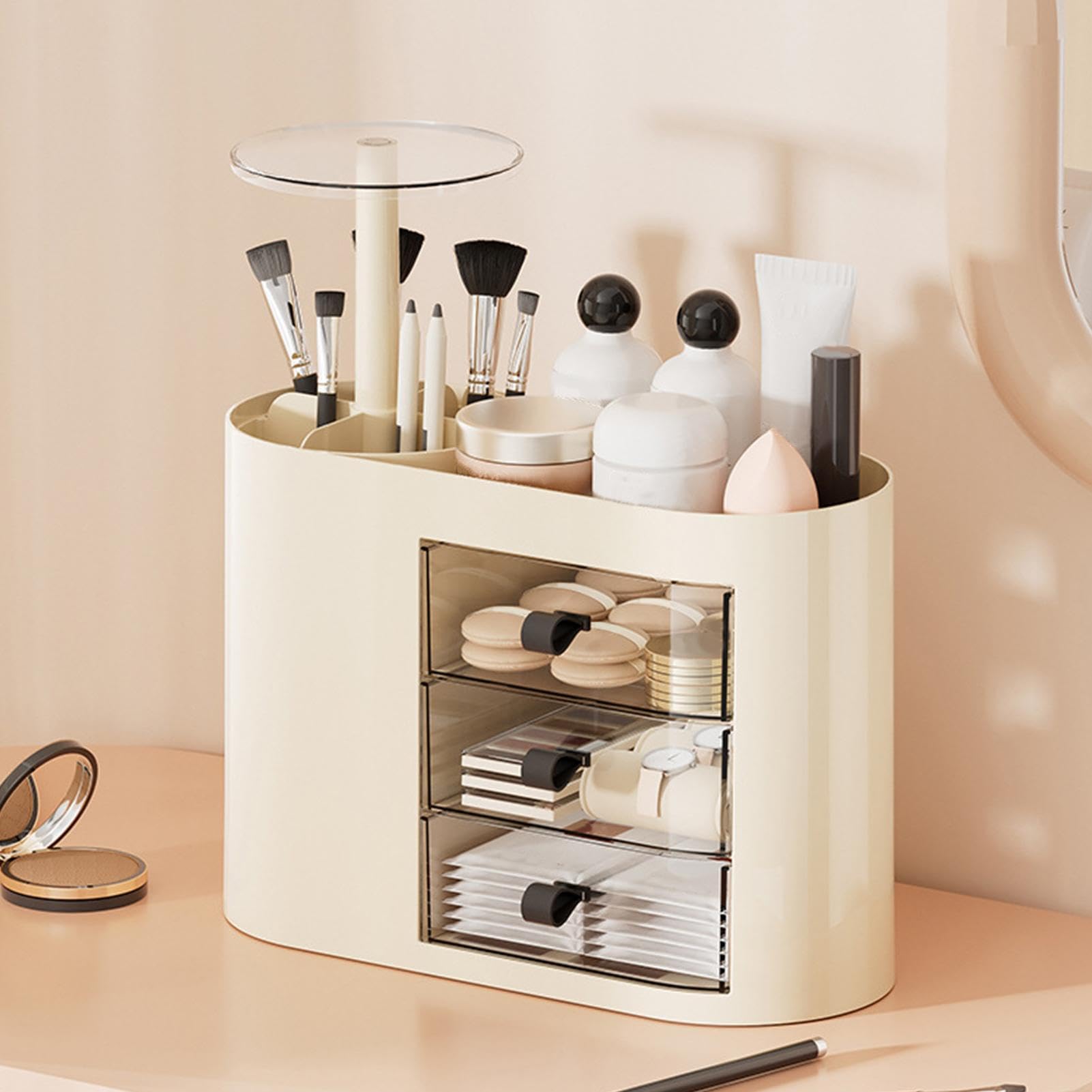 Organizador Cosmético con 3 Cajones de Gran Capacidad | Cosmética con Soporte Elevable para Brochas En Hogar Baño Cómoda Encimera Artículos De Aseo Perfume Y