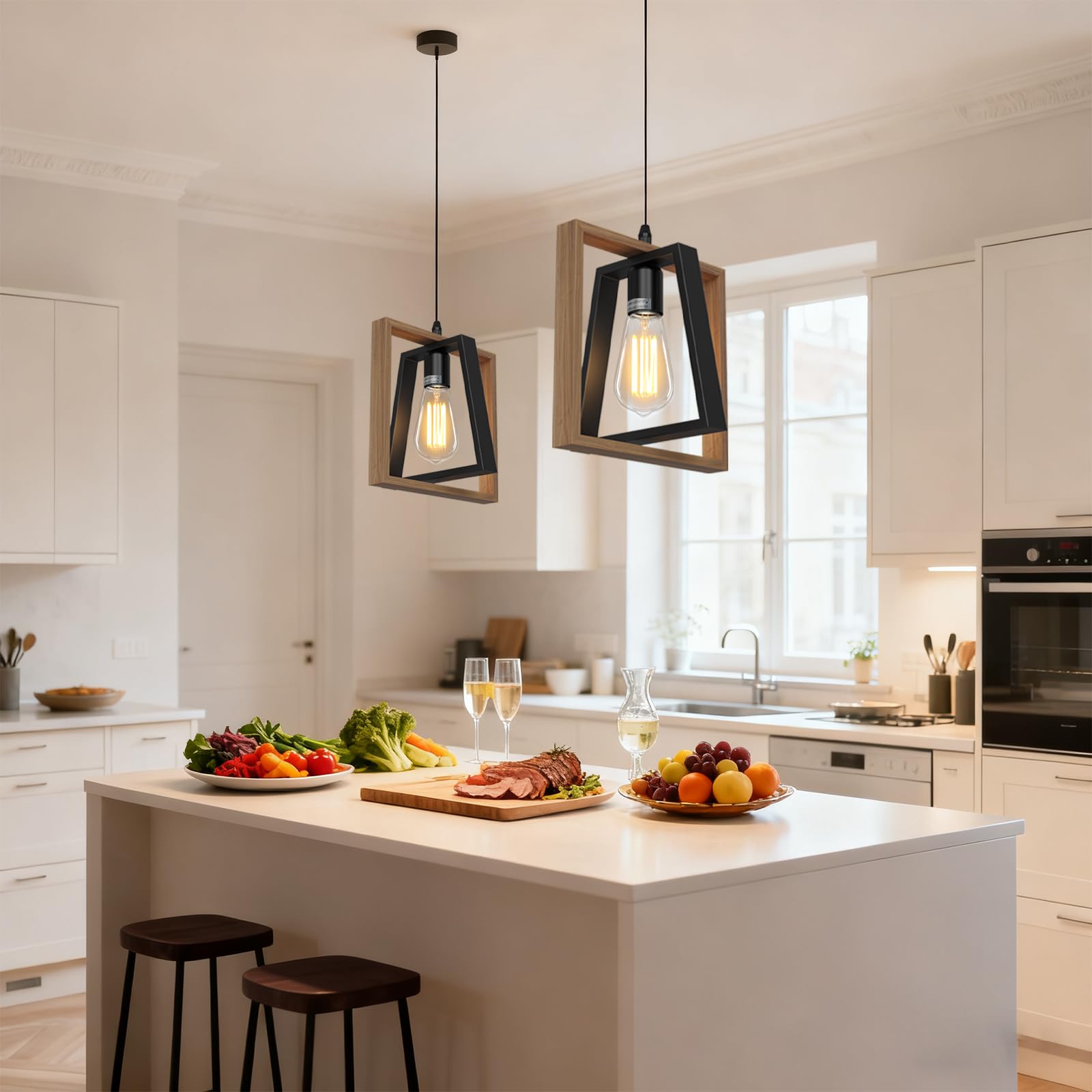 Lámpara Colgante, Lampara Colgante Isla Cocina Negra de Granja, Madera & Metal, Altura Ajustable, E27 Iluminación de Techo Colgant para Comedor Dormitorio Pasillo Entrada, 24cm