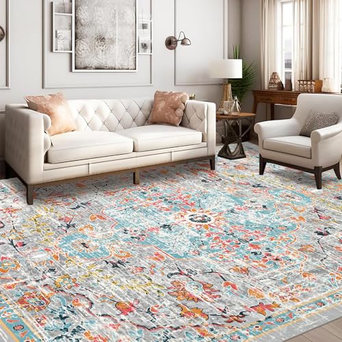 Pauwer Area Rugs 8x10 Clearance, Large Area Rug for Living Room, Machine Washable Area Rugs for Bedroom, Boho Farmhouse Vintage Floral Rugs, Non Slip Low Pile Accent Rug Floor Mat Carpet