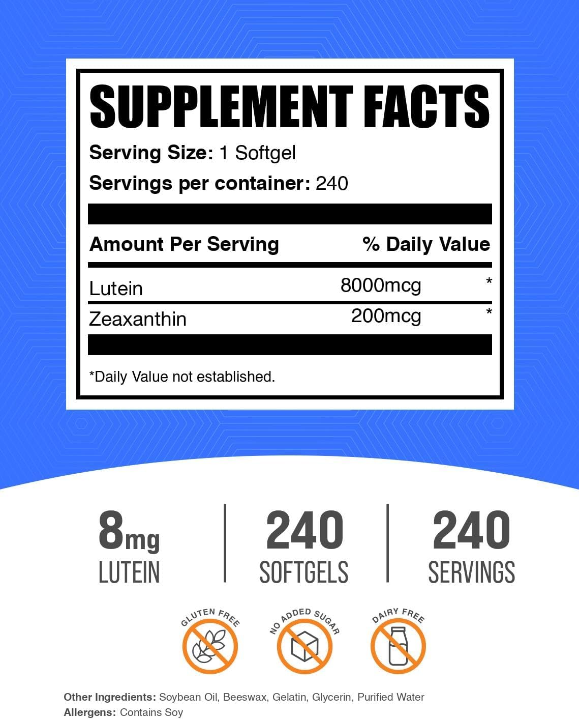 BulkSupplements.com Lutein with Zeaxanthin Softgels - Zeaxanthin Plus Lutein, Lutein and Zeaxanthin Supplements, Eye Vitamins - Gluten Free, 1 Softgel per Serving, 240 Softgels