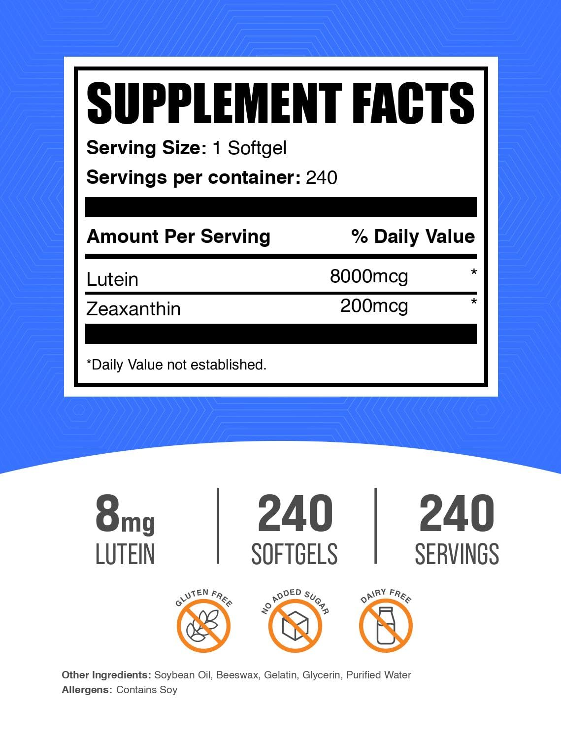 BulkSupplements.com Lutein with Zeaxanthin Softgels - Zeaxanthin Plus Lutein, Lutein and Zeaxanthin Supplements, Eye Vitamins - Gluten Free, 1 Softgel per Serving, 240 Softgels — Amazon image 2