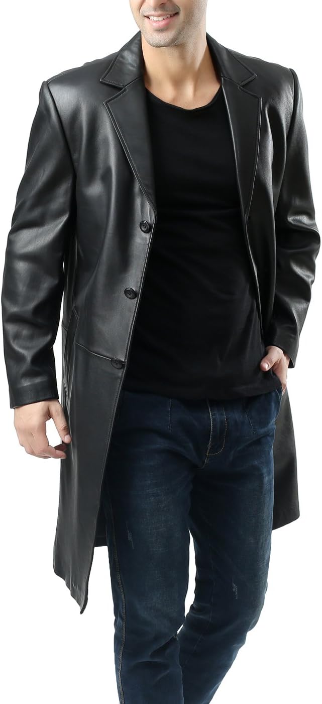 BGSD Men Walter Classic New Zealand Lambskin Leather Long Walking Coat (Also available in Big and Tall and Short)