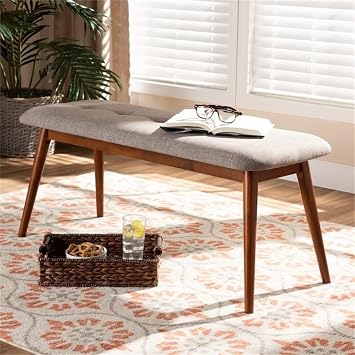 Baxton Studio Flora II Mid-Century Dining Bench Light Grey Fabric Upholstered Medium Oak Finished Wood Dining Bench