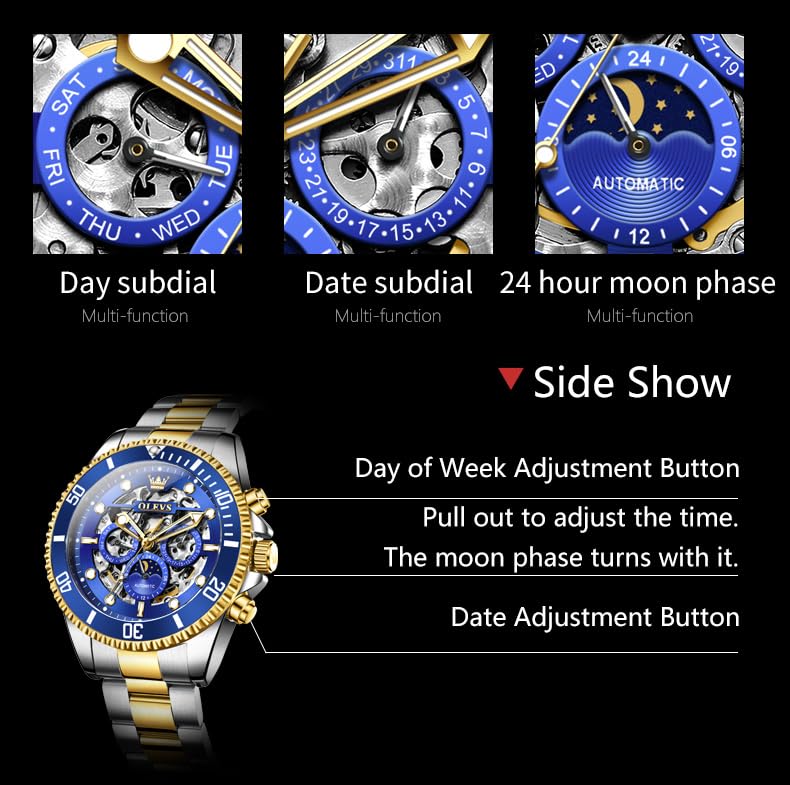 Image of OLEVS Men Automatic Watch Diamond Skeleton Mechanical Luxury Self Winding Moon Phase Calendar Waterproof Wrist Watch for Men